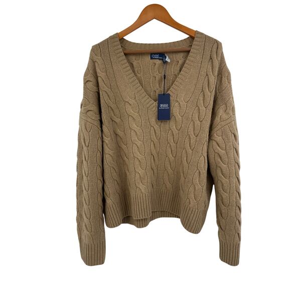 Polo Ralph Lauren Womens 2XL V-Neck Sweater Wool Cashmere Camel Cable Knit NWT - Picture 2 of 11